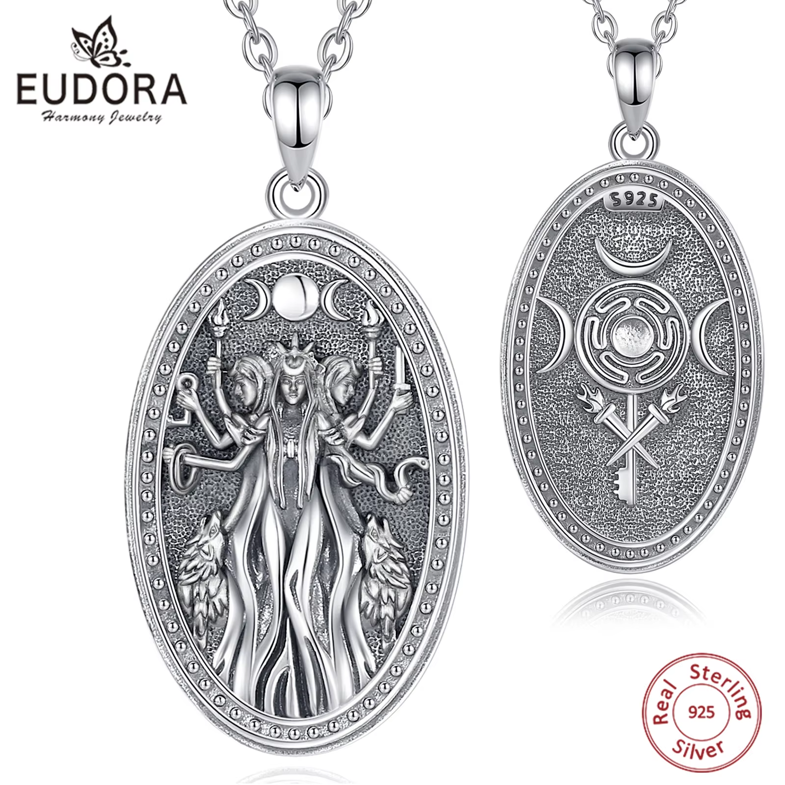 Mens Dog Tag Necklace - Eudora 925 Sterling Silver Triple Moon