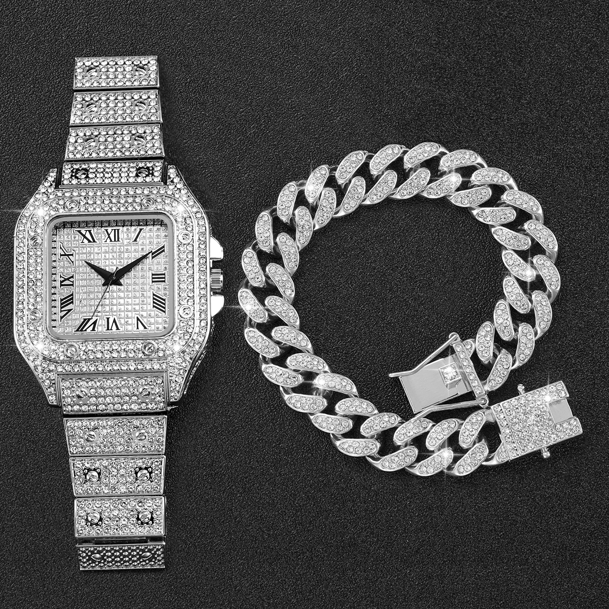 2PCS Iced Out Square Watch & C - Mystery Jewelry Jar Watches avis et prix